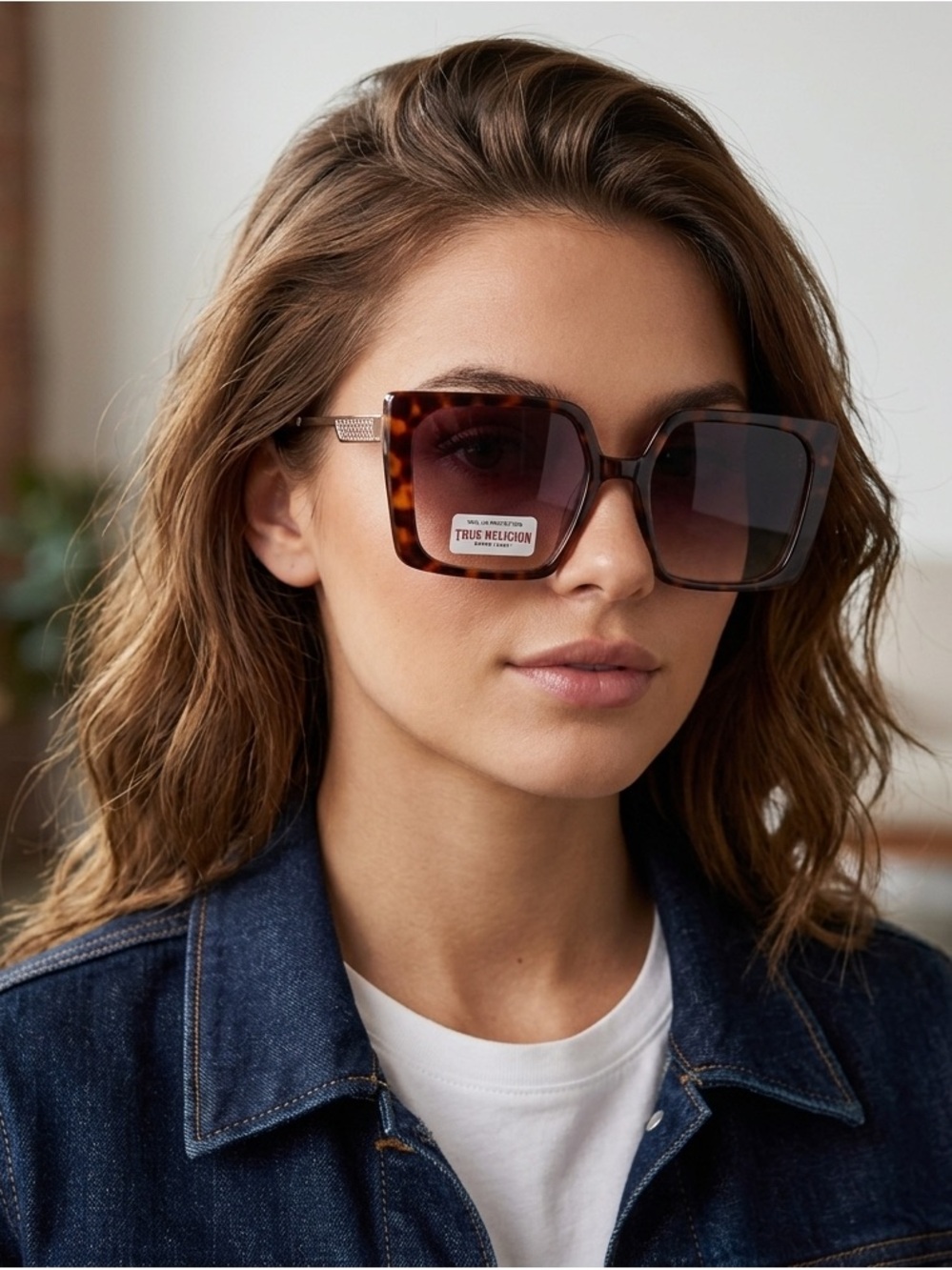 True Religion Tortoiseshell Square Sunglasses with Brown Gradient Lenses